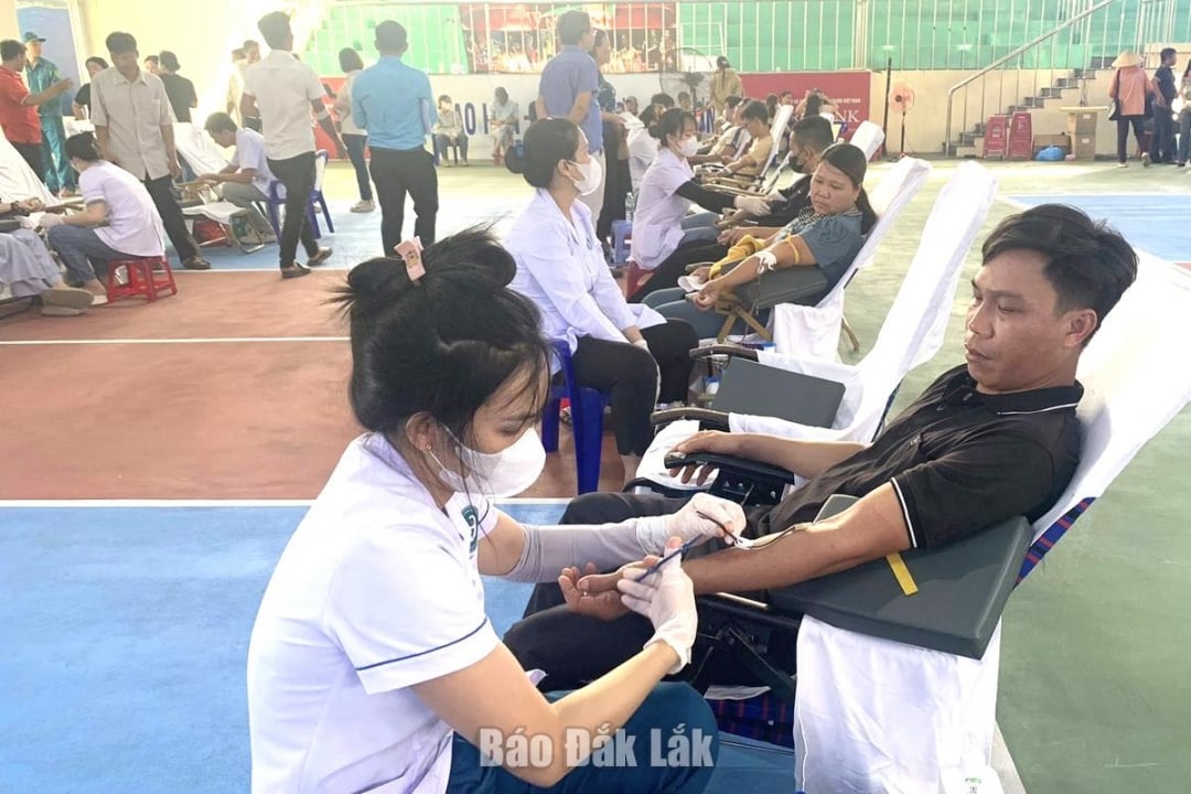Cán bộ, công chức, thanh niên và người dân các phường Sông Cầu, Xuân Đài và các xã Xuân Thọ, Xuân Cảnh, Xuân Lộc tham gia hiến máu. Ảnh: CTV