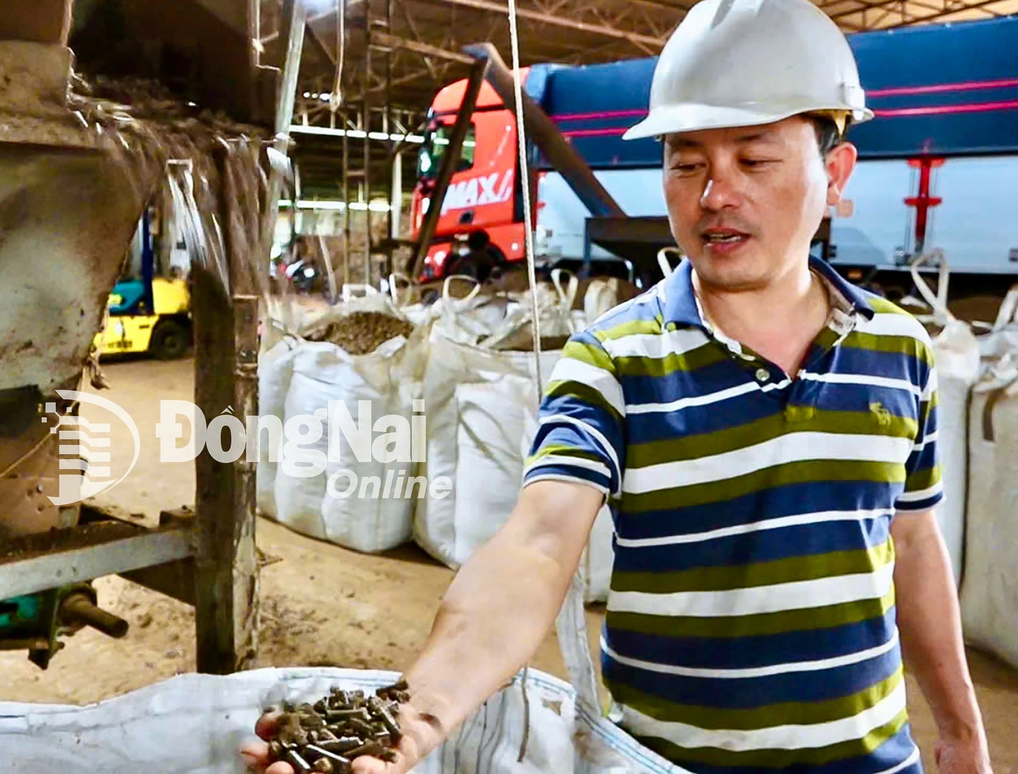 Nông dân Hồ Sỹ Đại bên Cơ sở Sản xuất viên nén gỗ Đại Phát (đóng tại phường Bảo Vinh) của gia đình.
