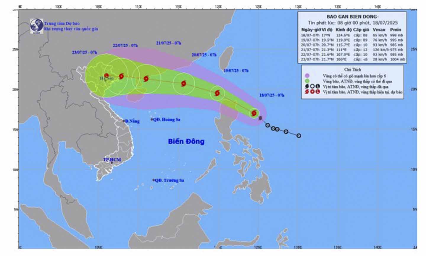 Bản đồ vị trí và cường độ bão sáng 18-7.