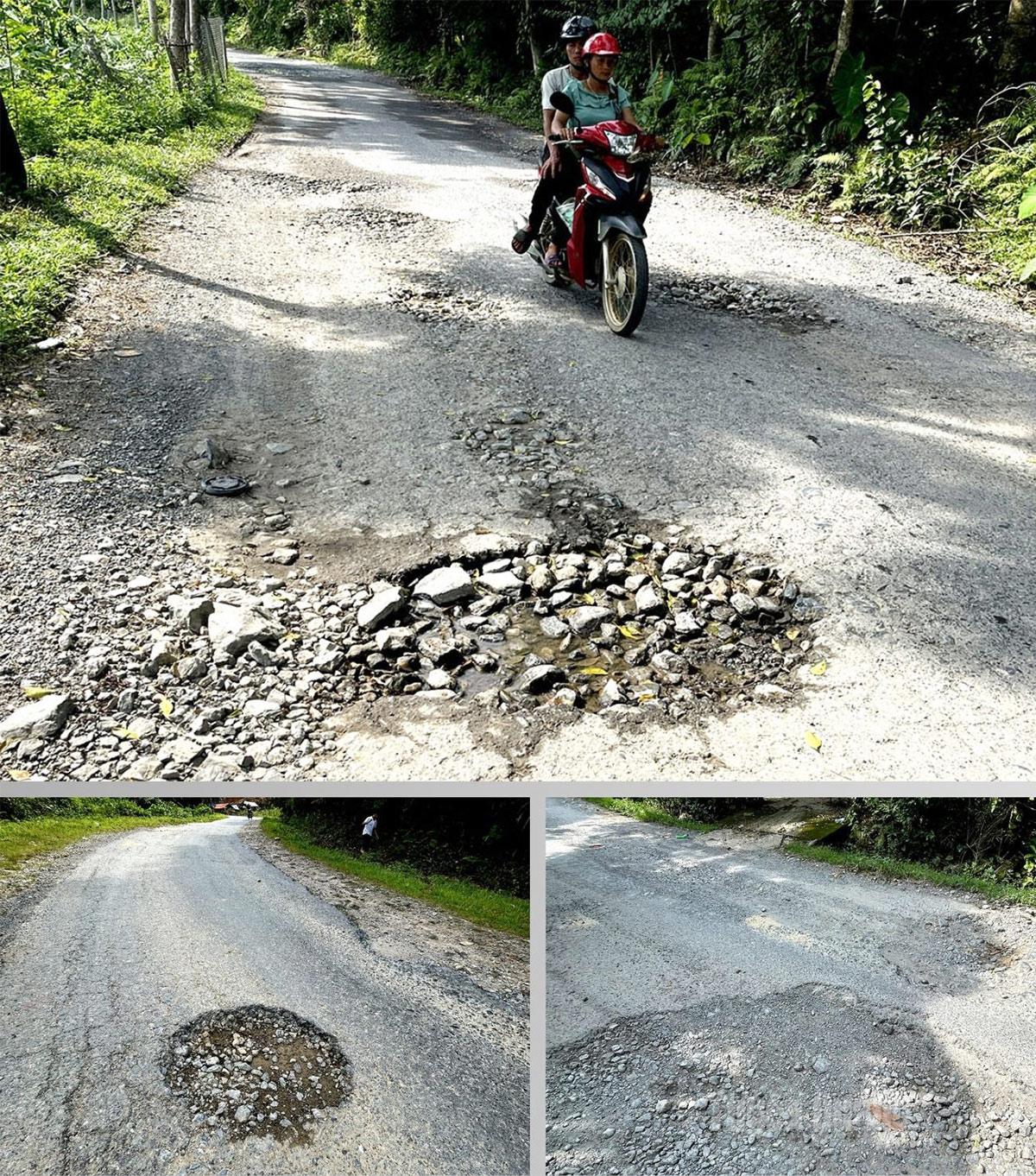 Có những ổ gà rộng hàng mét, sâu 10–20cm, rất nguy hiểm cho người tham gia giao thông.
