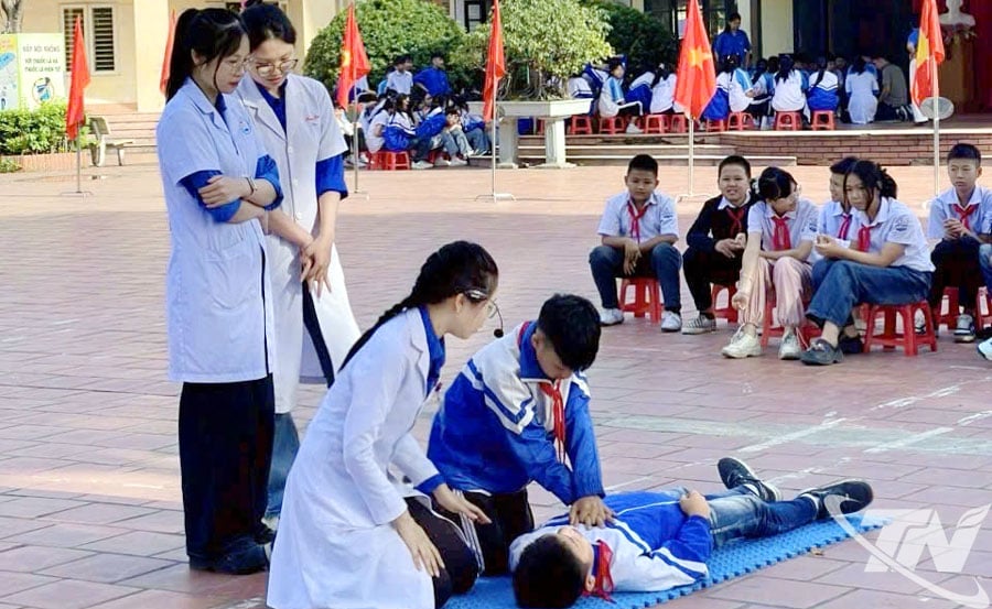 Des étudiants de l'Université de médecine et de pharmacie de Thai Nguyen ont dispensé une formation aux élèves du lycée Uc Ky sur les premiers secours à apporter aux victimes de noyade.