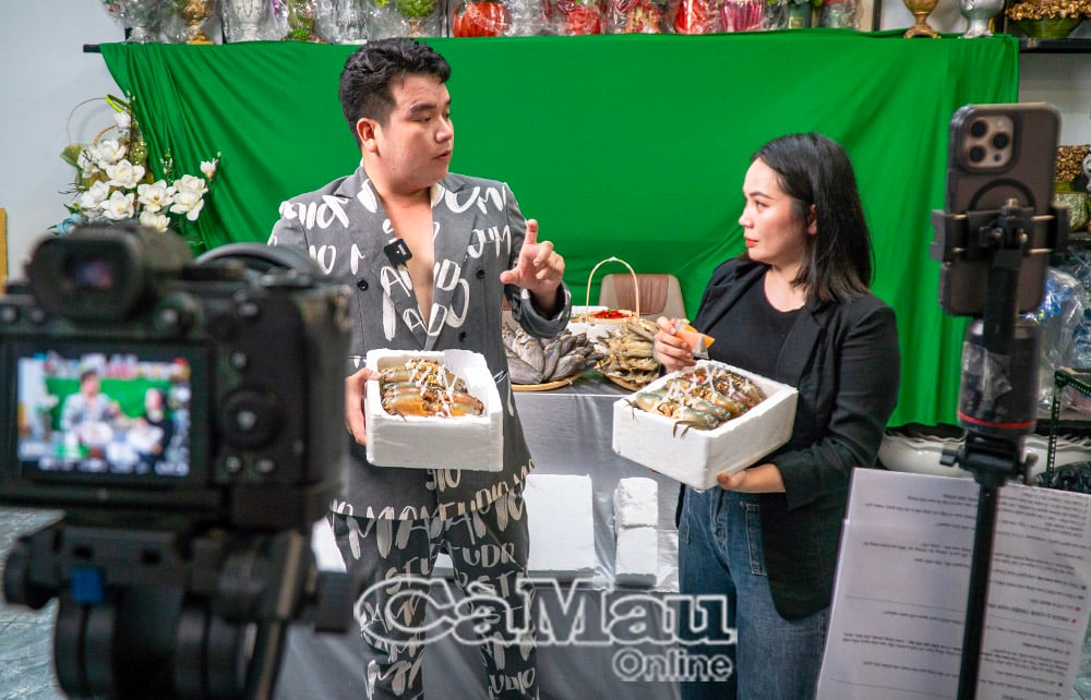 Chị Nguyễn Thị Tú Trinh (phường Tân Thành) tiếp cận khách hàng qua các phiên livestream, nhận được khá nhiều tương tác về đặc sản cua Cà Mau.