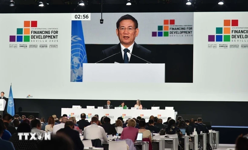 Deputy Prime Minister Ho Duc Phoc speaks at the plenary session of the FfD4 Conference. (Photo: Ngoc Hiep/VNA)