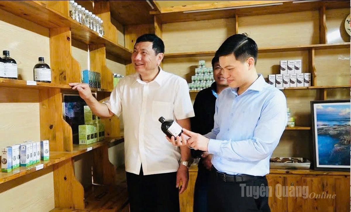Đồng chí Trưởng Ban Nội chính Tỉnh uỷ thăm các sản phẩm dược liệu tại HTX dược liệu Nặm Đăm, xã Quản Bạ.