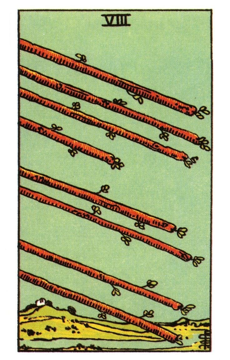 ប្រាំបីនៃ Wands Tarot អត្ថន័យកាត: សេចក្ដីស្រឡាញ់, បញ្ច្រាស & ច្រើនទៀត