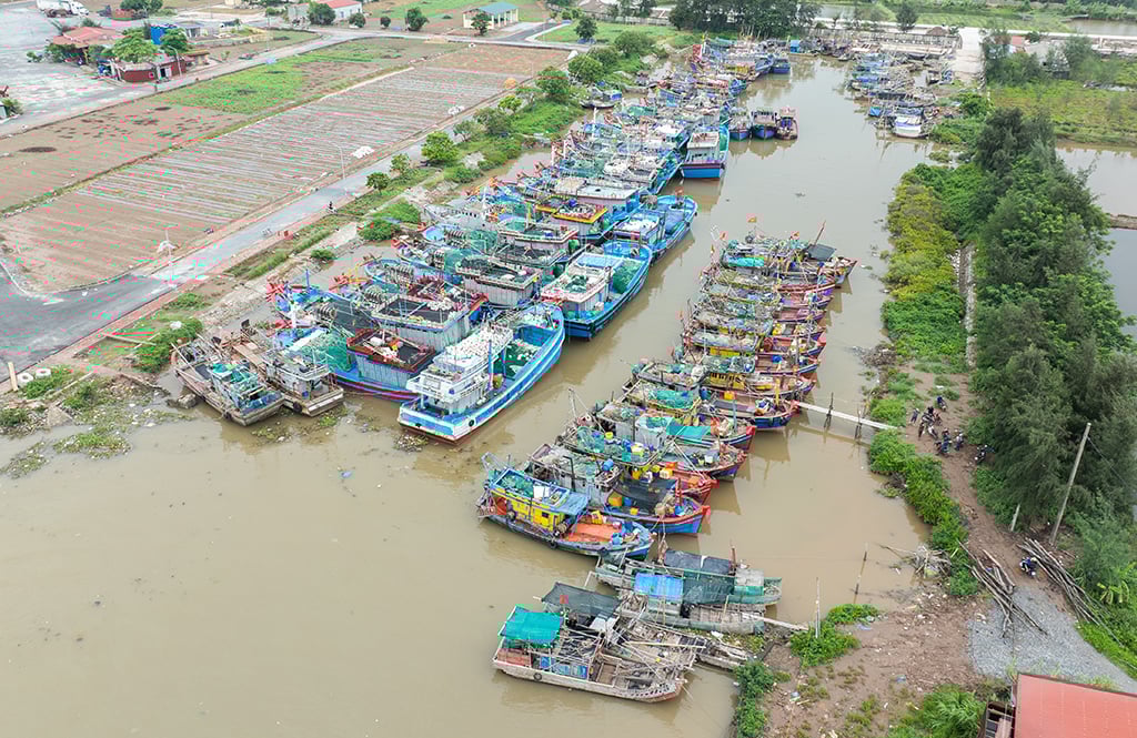 Các tàu, thuyền neo đậu tại âu tàu cảng cá Ninh Cơ (xã Hải Thịnh)