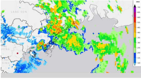 Imagen de respuesta del radar meteorológico de Phu Lien a las 13:30 horas del 19 de julio de 2025 (citada del boletín de advertencia de tormentas eléctricas, tornados, relámpagos, granizo y fuertes lluvias locales en la provincia de Quang Ninh emitido a las 13:30 horas del 19 de julio de 2025).