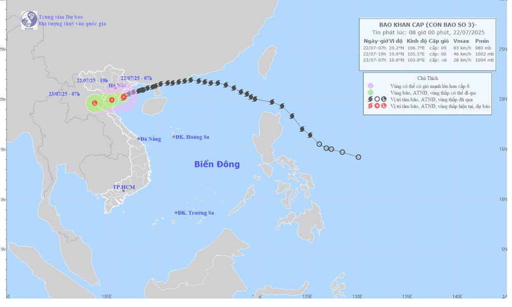 Bản đồ do Trung tâm Dự báo khí tượng thủy văn quốc gia dự báo quỹ đạo và cường độ bão số 3 phát lúc 8 giờ ngày 22/7.