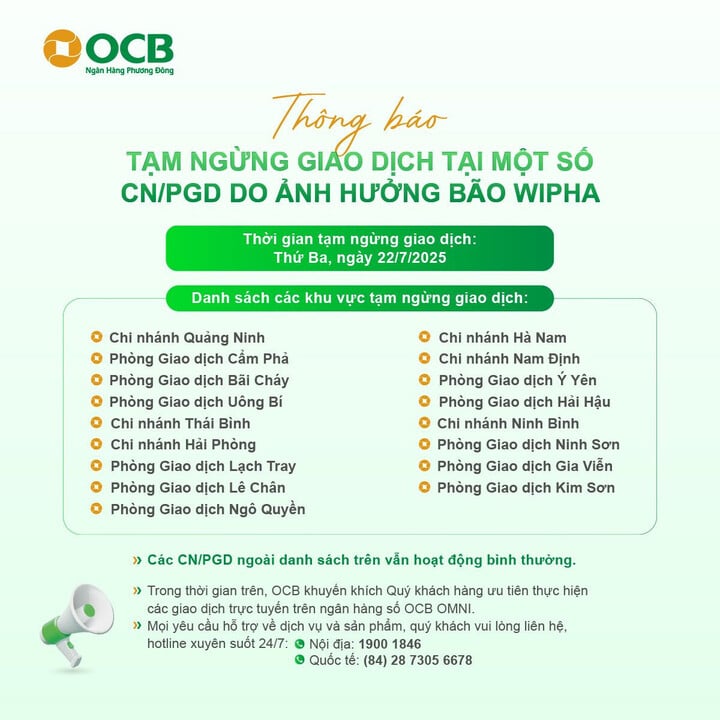 Thông báo tạm ngừng giao dịch trong ngày 22/7 tại một số địa điểm của OCB.