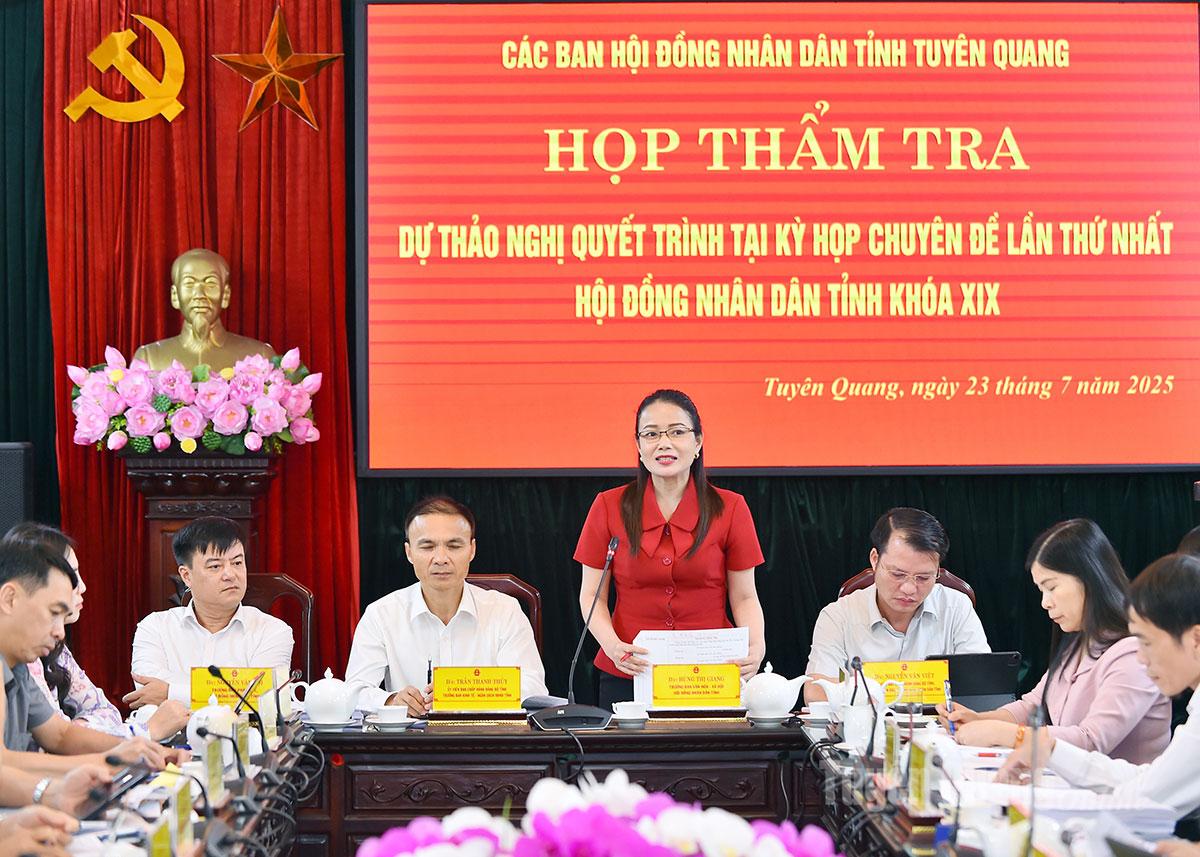Đồng chí Hùng Thị Giang, Trưởng ban Văn hóa - Xã hội HĐND tỉnh chủ trì thảo luận tại cuộc họp.