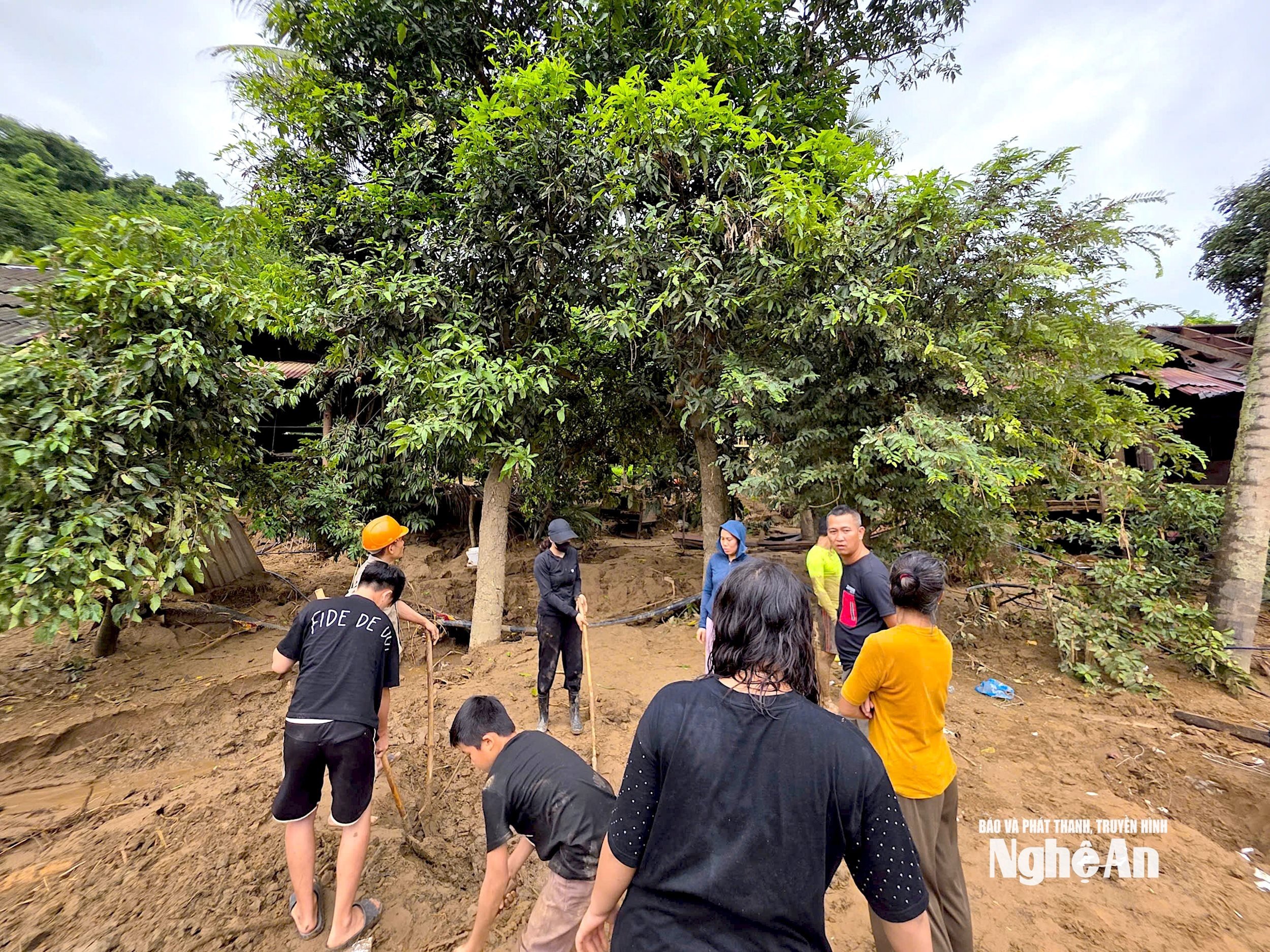 Người nhà của chị Vi Thị Thơ dựa vào 2 caí cây còn sót lại để xác định vị trí để két 