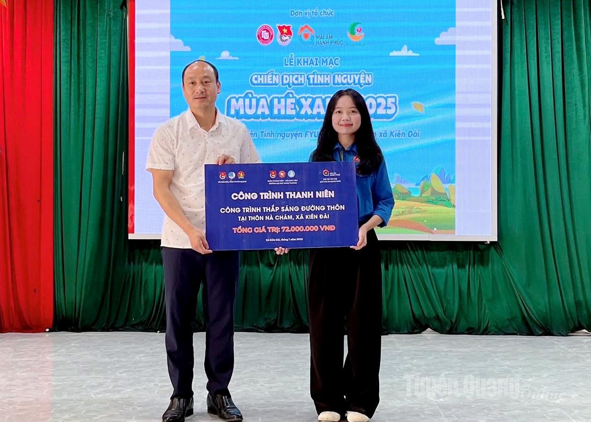 Đại diện Đoàn trường Đại học Ngoại thương Hà Nội trao kinh phí hỗ trợ công trình thanh niên cho xã Kiên Đài.