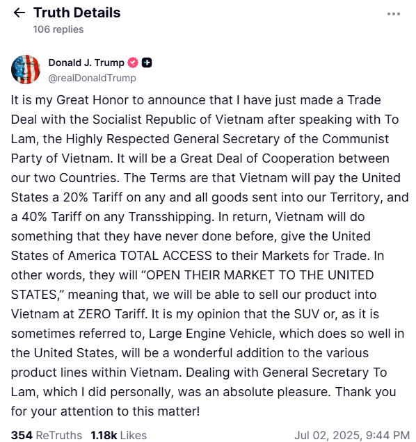 Ảnh chụp màn hình bài đăng trên Truth Social của Tổng thống Trump