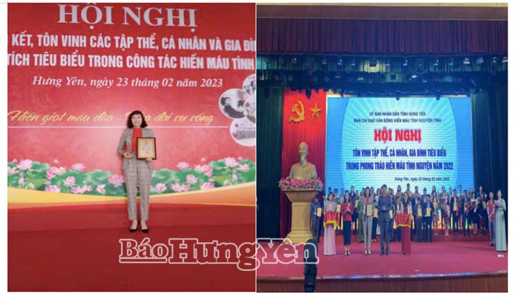 Hình ảnh cô giáo Hoàng Thị Thu Thuỷ chụp tại hội nghị tôn vinh tập thể, cá nhân, gia đình tiêu biểu trong phong trào hiến máu tình nguyện.