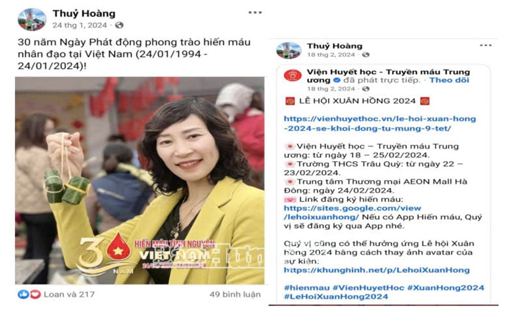 Facebook của cô giáo Hoàng Thị Thu Thuỷ thường xuyên chia sẻ hình ảnh kêu gọi, động viên người thân, bạn bè tham gia ngày hội hiến máu tình nguyện.