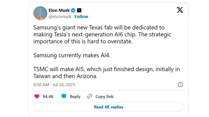 Bài đăng của tỷ phú Elon Musk về việc hợp tác với Samsung trong sản xuất chip AI6 trên mạng xã hội X. (Ảnh chụp màn hình)