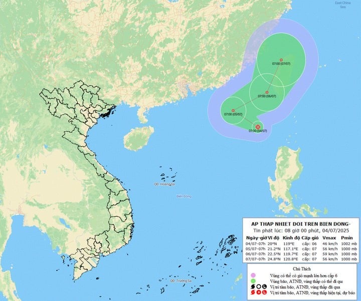 Bản đồ dự báo quỹ đạo và cường độ áp thấp nhiệt đới lúc 8h ngày 4/7. (Nguồn: NCHMF)