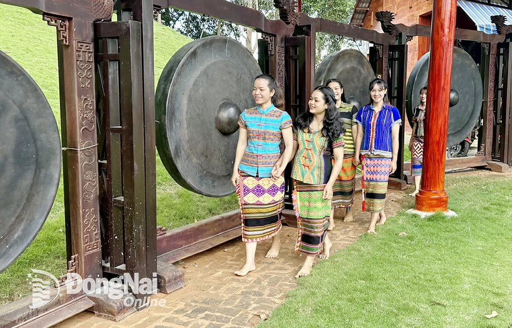 Bộ cồng, chiêng đồng lớn nhất Việt Nam tại sóc Bom Bo. Ảnh: N.Liên