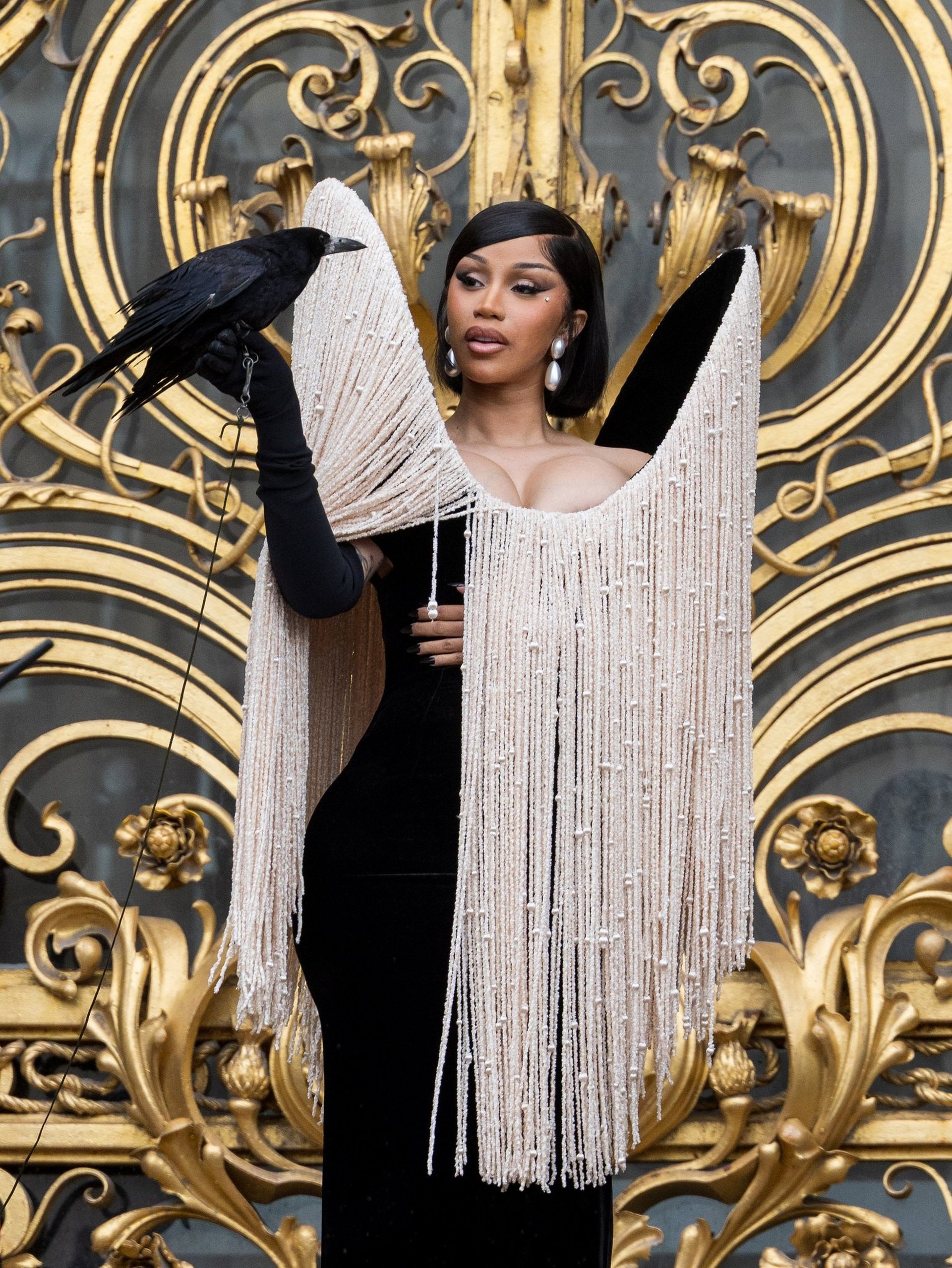 Cardi B gây sốc khi diện váy nhô cao đến đỉnh đầu, tạo dáng cùng quạ đen - 3