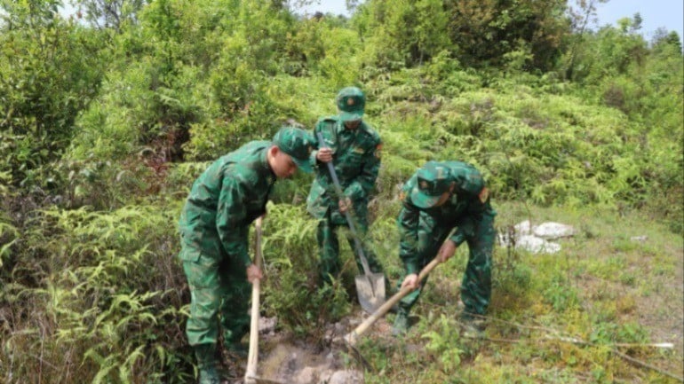 Bộ đội biên phòng phối hợp chính quyền địa phương trồng cây xanh trên tuyến biên giới thuộc địa phận xã Lũng Cú.