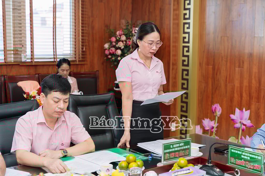 Đồng chí Chu Thị Bích Lan, Quyền Giám đốc Ngân hàng CSXH  tỉnh phát biểu tại hội nghị