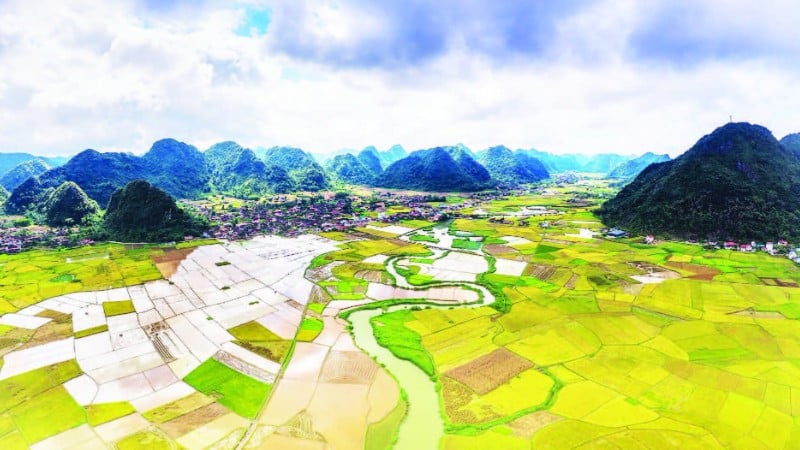 1. Looking down from above, the valley blends the yellow of rice, the green of mountains and forests, the brown of new soil and the light blue of morning mist.
