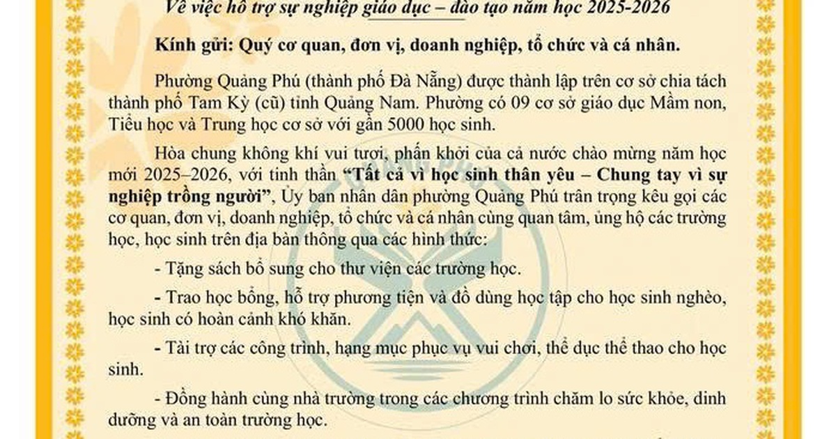 Phường ở Đà Nẵng kêu gọi ủng hộ học sinh nghèo thay vì nhận hoa khai giảng