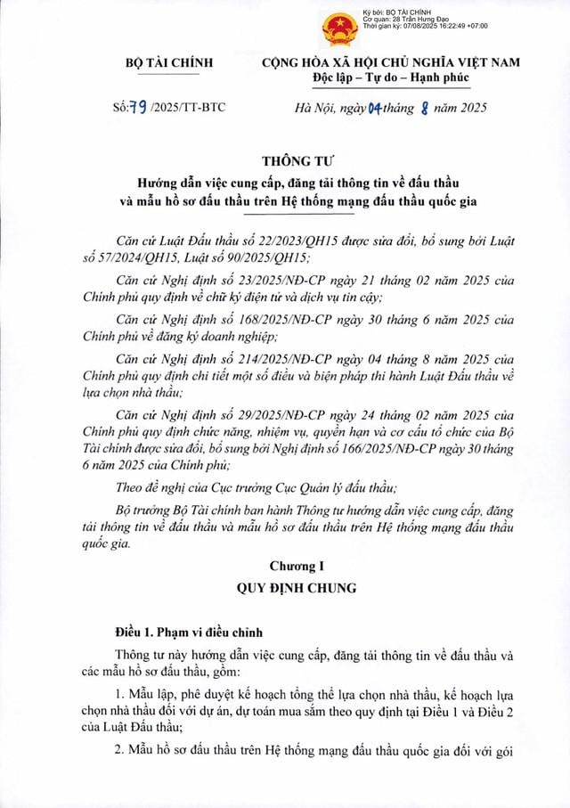 Thông tư số 79/2025/TT-BTC hướng dẫn cung cấp, đăng tải thông tin về đấu thầu; mẫu hồ sơ đấu thầu trên Hệ thống mạng đấu thầu quốc gia- Ảnh 1.