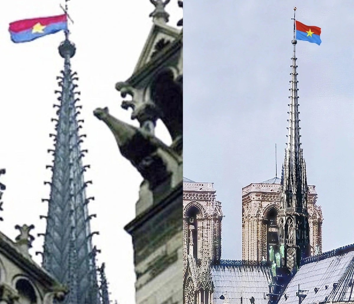 Hai người Thụy Sĩ và lá cờ Việt Nam trên đỉnh Nhà thờ Đức Bà Paris