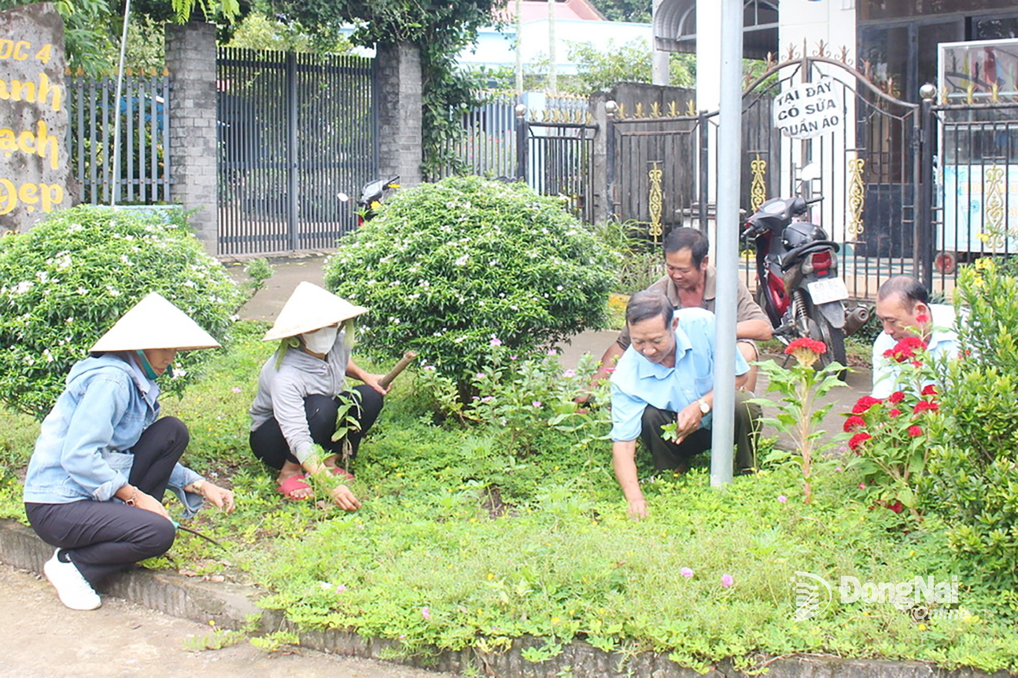 Cán bộ và người dân ấp Gia Canh 1, xã Định Quán, dọn vệ sinh trên tuyến đường khu dân cư