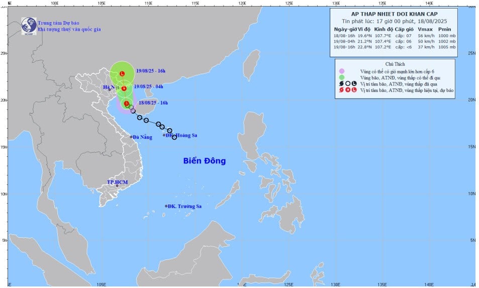 Bản đồ dự báo quỹ đạo và cường độ áp thấp nhiệt đới lúc 17 giờ ngày 18/8/2025.
