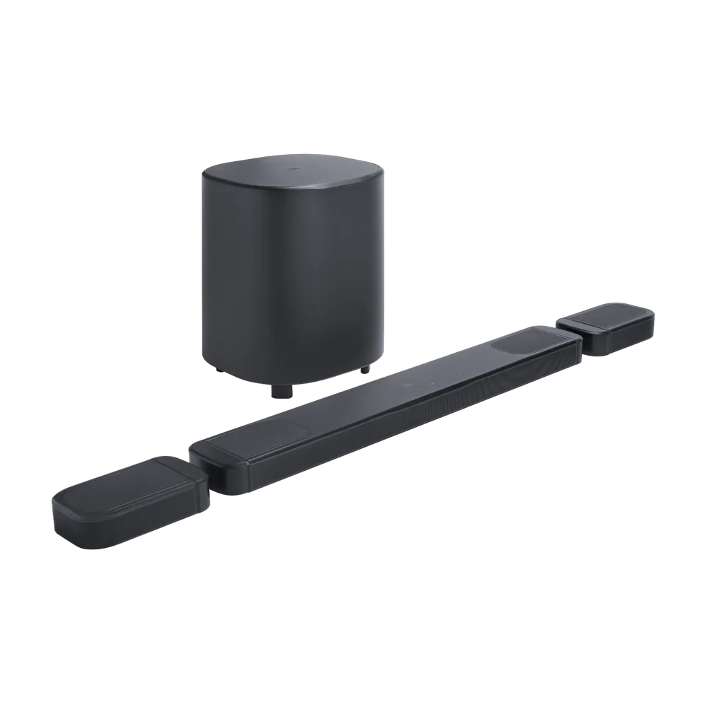JBL Bar 1000MK2 sở hữu bốn loa hướng trần, loa siêu trầm 10-inch và loa vòm có thể tháo rời