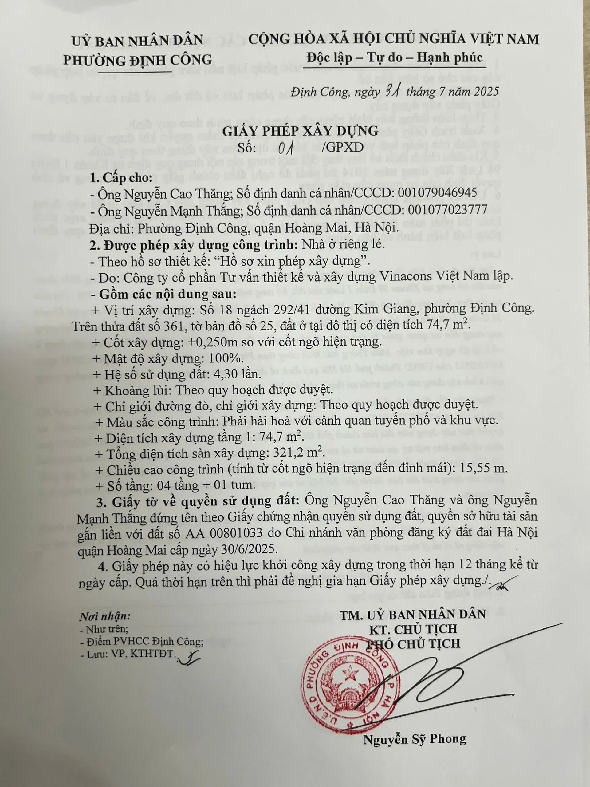 Sau 7 ngày nhận hồ sơ: Phường Định Công cấp giấy phép xây dựng đầu tiên- Ảnh 1.