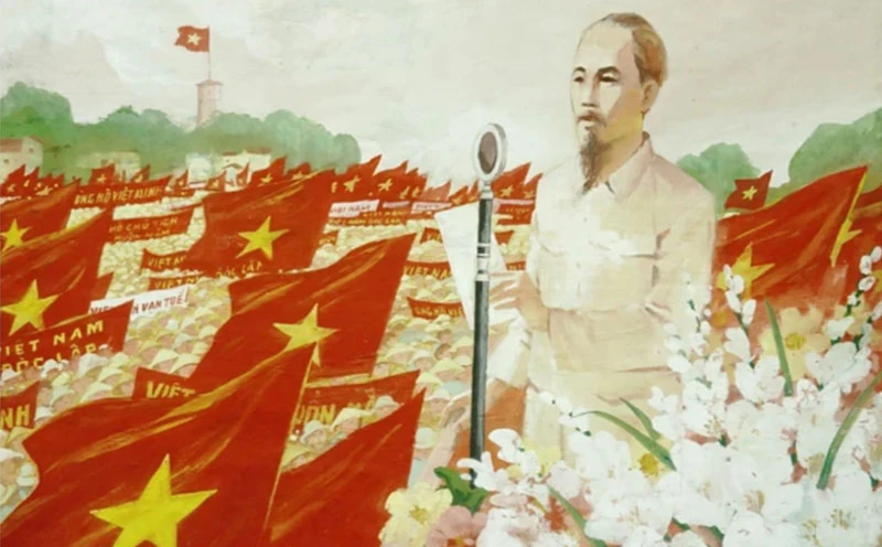 Ba Dinh ist hell mit Fahnen und Blumen