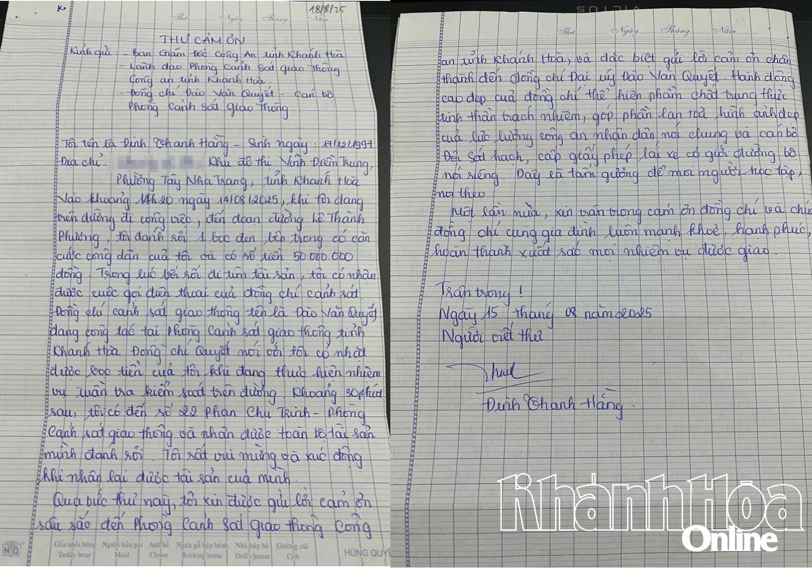 A touching thank you letter from Ms. Dinh Thanh Hang