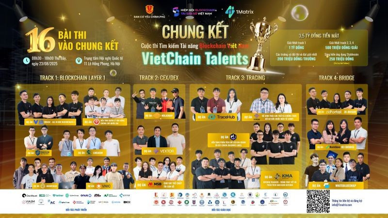 2025년 8월 23일 하노이 레홍퐁 11번지 국제컨벤션센터(ICC)에서 열리는 VietChain Finals에 16개 우수팀이 선정되었습니다. (스크린샷)