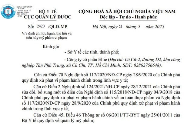 Cục Quản lý Dược (Bộ Y tế) ban hành Quyết định đình chỉ lưu hành, thu hồi và tiêu huỷ mỹ phẩm đối với sản phẩm của CTCP Ellie.