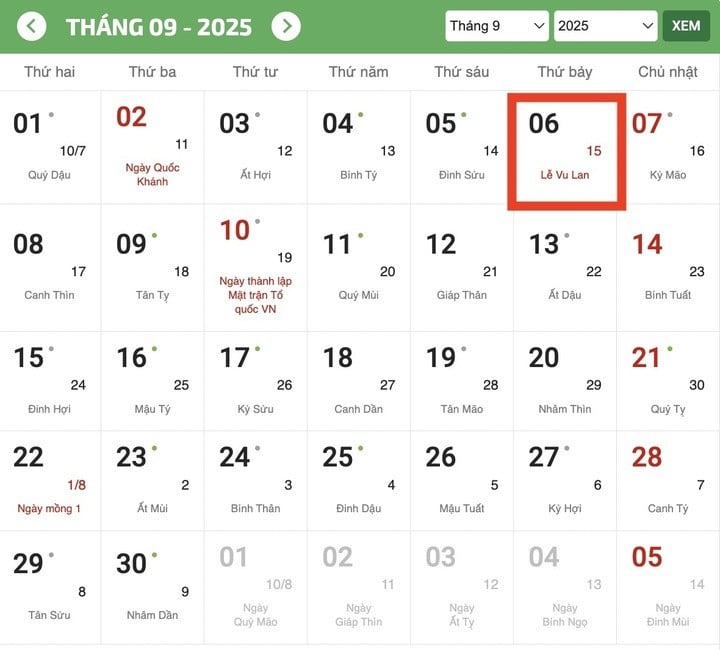 Năm 2025, ngày Vu lan báo hiếu sẽ trùng vào thứ Bảy.