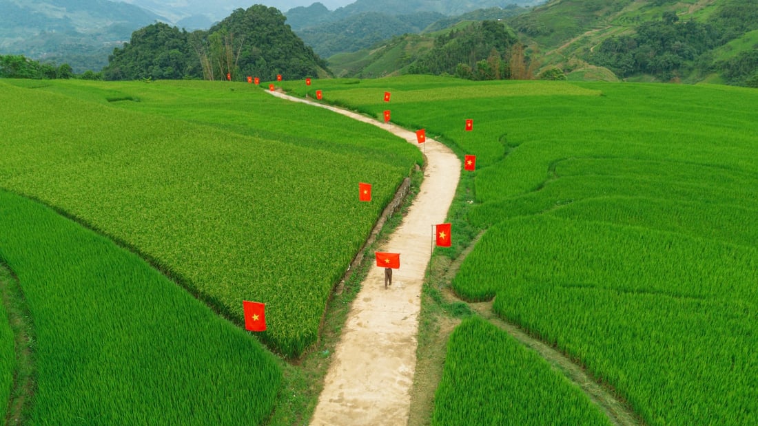 Con đường cờ đỏ giữa ruộng bậc thang Suối Lìn, điểm check-in mới ở Sơn La - Ảnh 1.