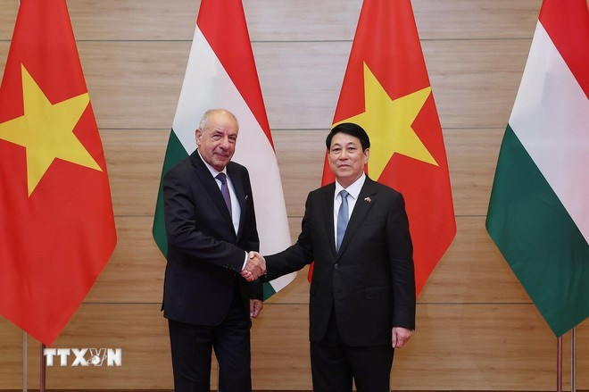 Chủ tịch nước Lương Cường và Tổng thống Hungary Sulyok Tamas tại Hà Nội tháng 5/2025. (Ảnh: Lâm Khánh/TTXVN)