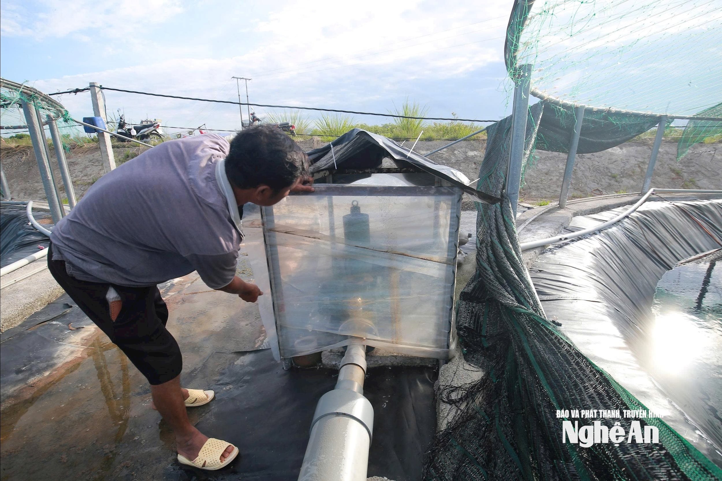 Shrimp farms cover electric motors, important equipment to maintain aerators for shrimp when storms cause power outages. Photo: T.P.