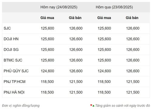 Gold price statistics of Dragon Viet Online Service Joint Stock Company VDOS - Updated at 13:00 on August 24.