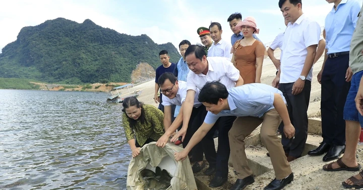 Releasing 1 ton of fish fry at Canh Tang Lake