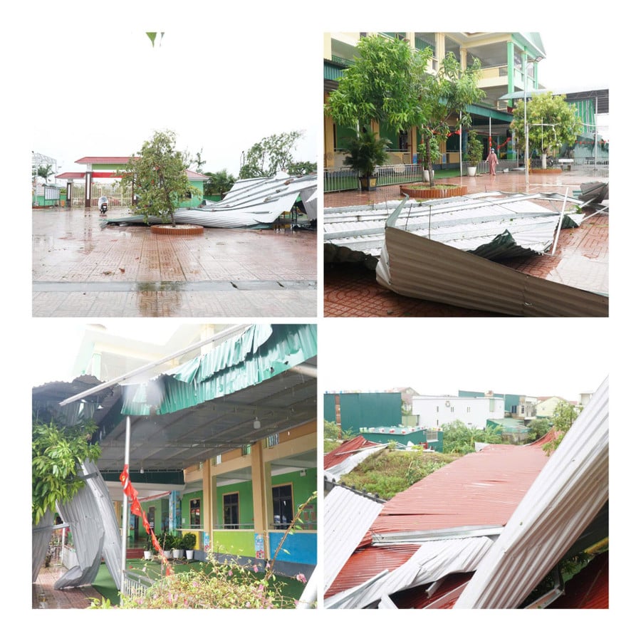 Mái tôn của 2 dãy phòng học 2 tầng và dãy phòng học mới 3 tầng đều bị gió bão đánh bay, rơi xuống ngổn ngang xung quanh trường.