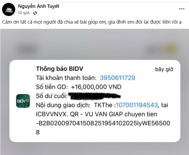 ใบเสร็จของคนขับรถได้รับเงินคืน 15 ล้านดอง และเงินอีก 1 ล้านดองสำหรับธูปบูชานายเตวียน