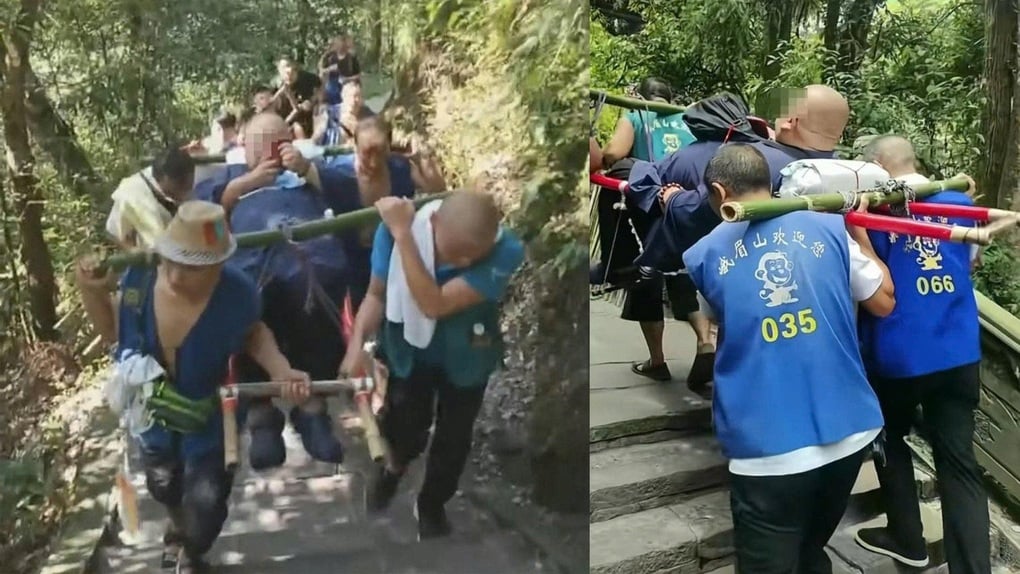 Du khách 130kg chi hơn 80 triệu đồng thuê 9 người khiêng lên núi ngắm cảnh - 1
