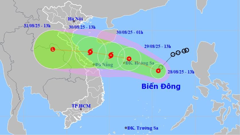 Cập nhật tâm áp thấp nhiệt đới lúc 13 giờ ngày 28-8 và dự báo hướng di chuyển khi mạnh lên thành bão