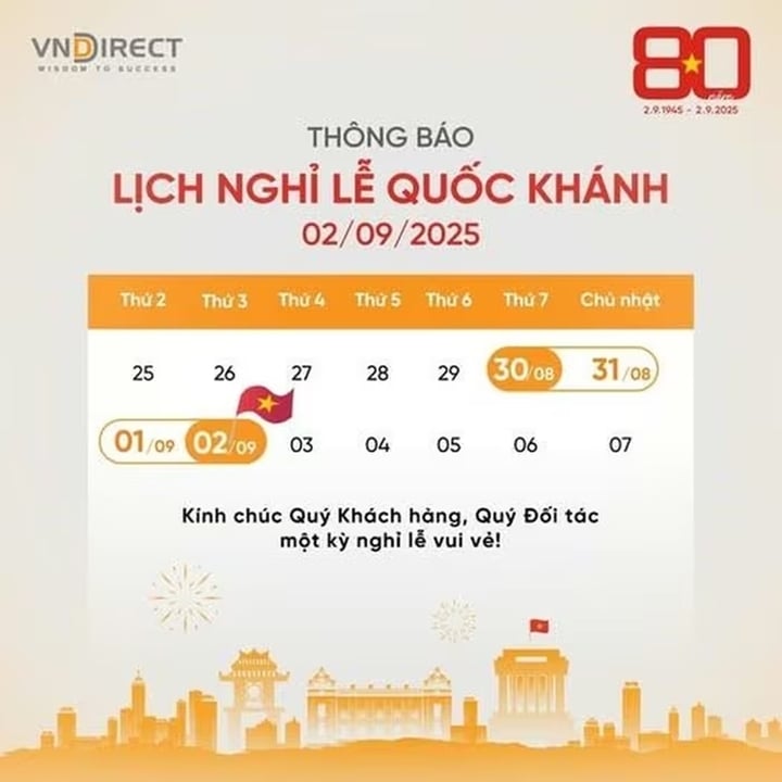 VnDirect công bố lịch nghỉ 2/9.