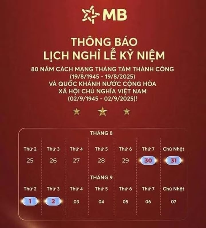 Lịch nghỉ Quốc khánh 2/9 của MB.