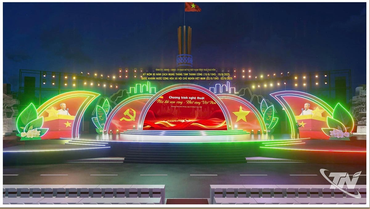 Phối cảnh tổng thể sân khấu chương trình nghệ thuật chào mừng Cách mạng Tháng Tám thành công và Quốc khánh 2-9 tại quảng trường Võ Nguyên Giáp.